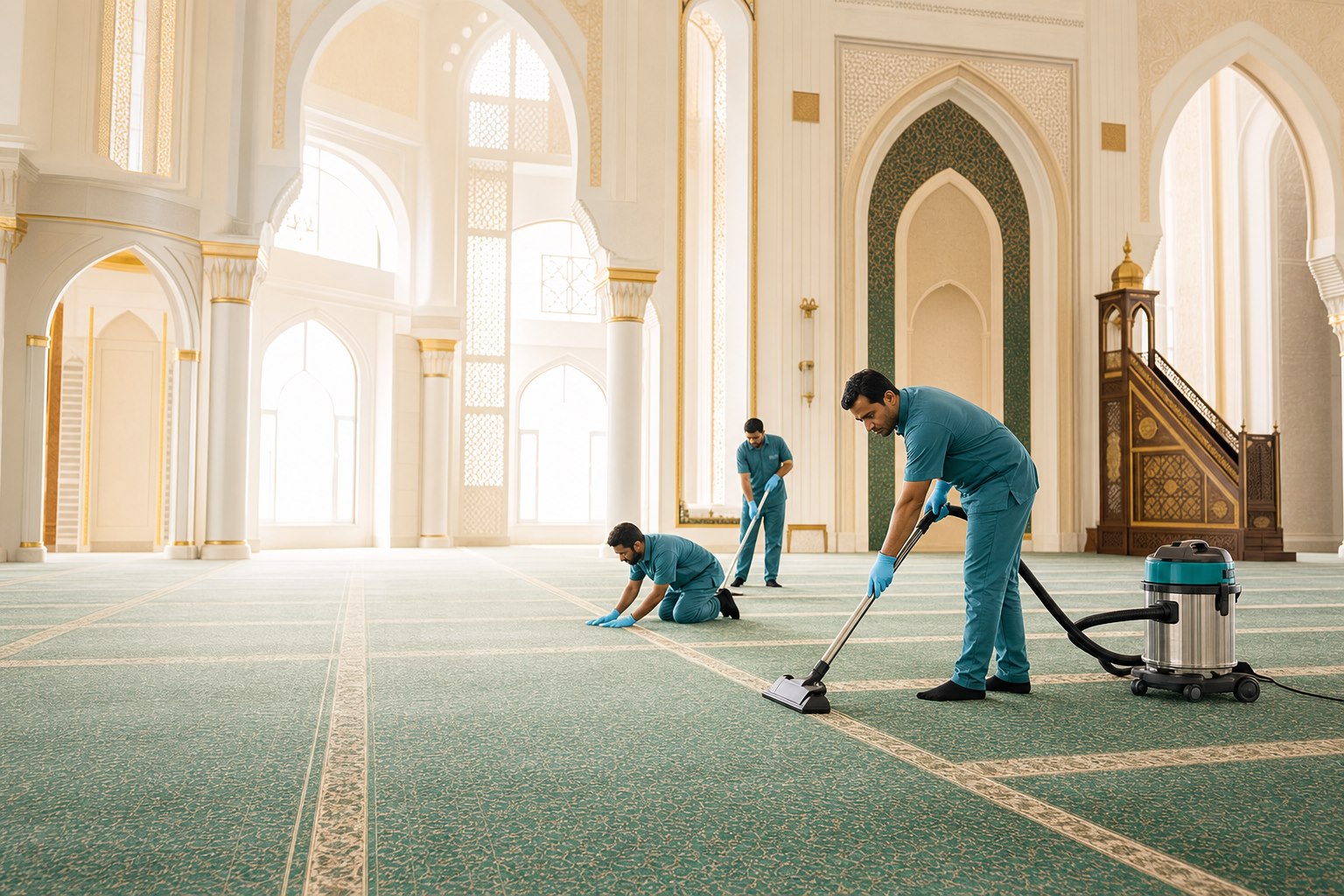 Professional masjid prayer hall deep-cleaning team at work